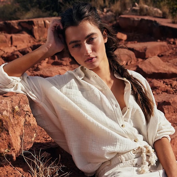 Free People Tops - Free People || Cardiff Gauze Oversized Tunic Button Down Top Boxy Cream Ivory M